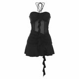 Spice Girls Mesh Splicing Hanging Neck-Smear Dress Women's New Spring Tight Design Feeling Inside The Ass Short Skirt