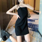 Black Simple Hepburn Style Sexy Sling Dress Female Summer Temperament Small Black Dress Short H-Shaped Skirt
