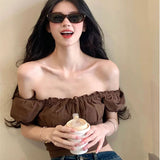 Summer Design With A Word Shoulder-Sleeved T-Shirt Women's Sweet Spicy Style Sexy Repair Short-Sized Blouse Tide
