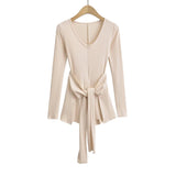 Spice Girls Autumn New Thickened Y-Neck Spliced Waist Strap Two Sets Of Long-Sleeved T-Shirts Thin
