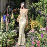 Holiday Style Sexy V-Necked Floral Sling Dress Woman Summer Back-To-Back Repair Bag With Fish Tail Long Skirt