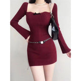 Spring New Temperament Wine Red Long-Sleeved Dress Female Korean Version Of The Body Wearing Sexy Hot Babes Ass Short Skirt