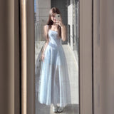 French Blue Gentle Style Square Tie Dress Women 2025 Summer Vacation Style Mesh Long Skirt