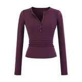 V-Neck Button Long-Sleeved T-Shirt V Collar Slimming Top New