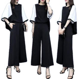 Fashion Spring And Summer Casual Style Set Splicing Color Loose Seven-Sleeve Round Neck T-Shirt Top + Wide Leg Pants