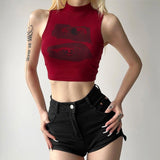 Summer Vintage Hot Babes Wind Print Semi-High Collar Vest Female Design Sense Of Small Slimming Short Top