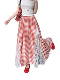 Korean Sweet Lace Spliced Red Lattice Half-Body Skirt Spring And Summer New College Style A Long Skirt