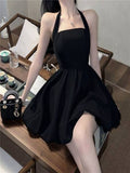 New Pure Desire Black Hanging Neck Sling Dress Small Man Waist Temperament Sexy A-Shaped Dress Summer Girl Black Dress