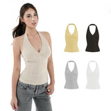 Vintage V-Neck Sexy Babes Hanging Neck Sling Vest Women Summer New Dress Short-Term Open-Umbil Umbilly Blouse Tide