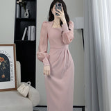 2025 Autumn Long Sleeve French Waist Design Sense Of Medium Long Temperament New Square Neck Thin Dress Casual