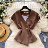 Korean Version Of The Commuter Style V Collar Short Sleeve Loose Shirt Women's Summer Design Sense Of Irregular Cardigan Temperament Tops Niche