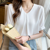 Real Shooting Chiffon Shirt Short-Sleeved Women 2026 New Summer Korean Version Of Loose Thin Thin Belly Collar Blouse Tide