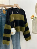 Short Knitted Striped Hooded Sweater 2025 Autumn Coat Women New Retro Loose Outer Wear Lazi Knitted Shirt