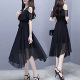 Summer Dress 2025 New Black Chiffon Dress Female Waist Thin Temperament Goddess Fan Summer Light Style Dress