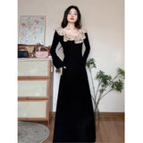 Autumn And Winter Black Lace Stitching Cross-Tie With Long-Sleeved Dress High Sense Hepburn Style Temperament A-Character Dress Woman