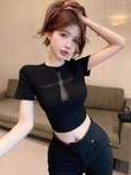 Black Hollow Perspective Cross Design Sense Short-Sleeved T-Shirt Girl Small Waist Repair Slim Thin Top Woman T