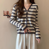 KANING Port Wind Sweet V-Neck Striped Knitted Cardigan Women 2026 Autumn New Ocean Gas Thin Sweater Outside