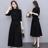 Temperament Elegant Style Long Sleeves Cross-Tie Bow Bow High-Neck Dress Women's Spring And Autumn New A-Word Long Skirt
