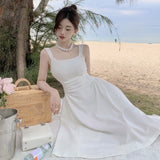Gentle Wind-Fangd Tie Sling Solid-Colored Dress Summer Women French Height Waist Temperament Over The Knee Long Skirt