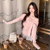 [Original Fabric] Pure Lust Wind Shoulder-Piny Pink Bottoming Shirt Female Hottie Bow Lace Spliced On The Shoulder