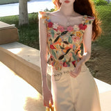 Hua Wilderness Oil Painting Heavy Art Nail Diamond Flower Jack Suspension Woman's New Korean Bottom Shirt Vests In The Summer Of 2025