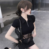 Hottie Style Sexy Mesh Splicing Short-Sleeved T-Shirt Women's Summer Design Feels Waist Tight Thin Body Blouse