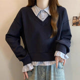 Shirt Splicing Fake Two Women's Spring And Autumn Large-Size Micro-Fat Mm Thin Short College Style Polo Collar Top