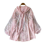 Light Luxury High-End Heavy-Working Sequin Nail Lantern Sleeve Shirt Coat Casual Sunscreen Loose Thin Hooded Shirt
