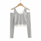 New Fashion Open Shoulder Elastic Slimming Short-Sleeved T-Shirt Two Stacks Of Bumpy Bottom Shirt