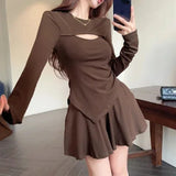 Casual Top Half Dress Two Sets Of Women's Early Autumn New Korean Hollow Design Feel Irregular T-Shirt Chic Suit