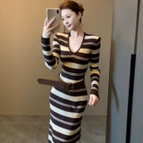 Autumn And Winter Korean Style Striped Long-Sleeved Dress High-Grade Femininity To Show Body Long H-Shaped Dress