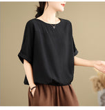 2026 Summer New Cotton Literature Retro Loose Round-Neck Chinese Style Tea Shirt Blouse