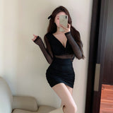 Fashionish Black Perspective Mesh Dress Women's Autumn And Winter New Pure-Fensive Style Sexy Body-Body-Bender-Bum Skirt