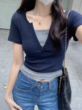 2026 Summer New Simple Pure Lust Fresh Sweet V Collar Two Short-Sleeved T-Shirt Ribs Tudy Ester