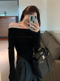 Ins Sexy Hottie Word Shoulder Autumn And Winter Bottom Women's Top Dress Korean Version Of Body-Repair And Bottom Personality Top Lady