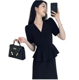 Large-Size Hao Ben Style Black Short-Sleeved Dress Women's Summer New Fake Two Temperament Thin V-Neck Long Skirt