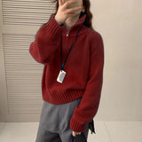 KANING Half-High Collar Half Zipper Red Sweater 2026 Autumn And Winter New Design Sense Loose Knitted Shirt