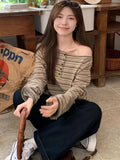 Lazy Wind Collared Shoulder-Striped Women's Spring And Autumn Long-Sleeved Loose T-Shirt Retro Wasteland Casual Blouse