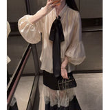 Clear-Tan-Dong Oni Champagne-Colored Bow Blouse + Black Lace Skirt Tight Waist Suit Two Sets Of Women's Summer