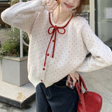KANING Korean Sweet Bond Knitted Cardigan 2026 Autumn New Design Bow Short Sweater