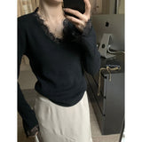 KANING Lace V-Neck Long-Sleeved Knitted Shirt 2026 Autumn And Winter New Bottom Sweater Top