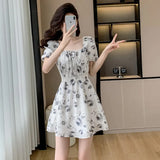 French Collar Ink Painting Broken Flower Dress Summer New Small Super Fairy Waist Thin A Word Short Skirt