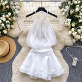 Vietnamese Wrinkled Flowers High-Grade Feeling Small White Skirt Milk White Ponbo Pearl Hanging Neck Skirt Temperament Goddess