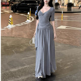 Gray V-Neck Dress Women Autumn Pure Lust Wind Gentle Lazy Temperament Slim Slim Slim Beautiful Beautiful Beautiful Long Dress