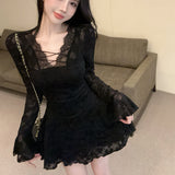 Pure Lusty V-Neck Lace Splicing Long-Sleeved Dress Women's Spring And Autumn New High-End Slim Slimming A Skirt