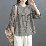 2025 New Imitation Cotton Shirt Women Seven-Point Sleeve Korean Version Of Loose Leisure Size Shirt Lined-Up Top