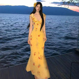 Holiday-Style Print Hanging With Lining V-Neck Dress Women's Summer High-End Feeling Ribbon Niche A-Shaped Dress