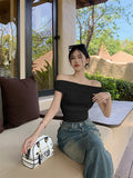 Ins Sexy Pure Want To Show Shoulders Collar Short-Sleeved T-Shirt Girl Summer Slimming Hottie Fashion Bottom Top Girl