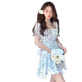 Gentle Wind Blue Mashed Flower Bubble Sleeve Dress Short Sleeve 2025 Summer New French Style Collar Thin Short Skirt Tide