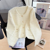 KANING Imitation Velvet Round Bag Pocket Knitted Cardigan Women 2026 Autumn New Fashion Small Scented Sweater Jacket